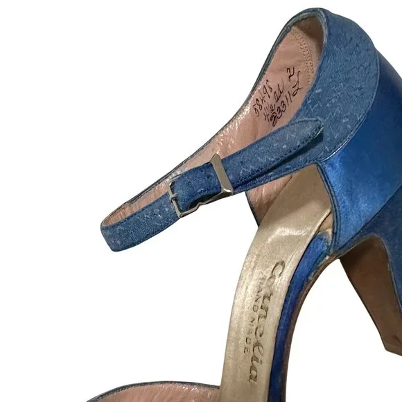 Vintage 1930s Cornelia Handmade Blue Silk Ankle Strap Pumps Rike-Kumler Dayton